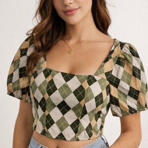 Cottagecore Argyle Smocked Peasant Top Medium O.L.M. Prairie Boho